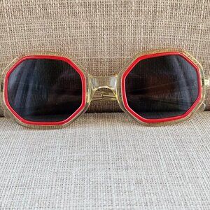 Vintage Sunglasses Clear/Red Tone Frame Unisex Hexagonal Eyewear